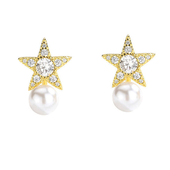 Elegant Rhinestone Star Freshwater Pearl S925 Silver Stud Earrings