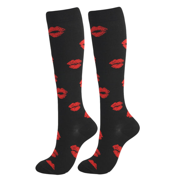 Knee-High Compression Socks Lip Print Sports Nylon Stockings for Women & Men