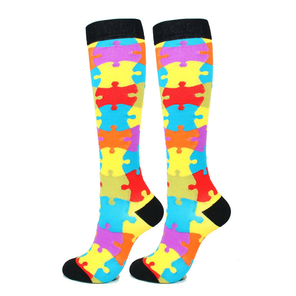Knee-High Compression Socks Puzzle Pattern Sports Nylon Stockings for Women & Men