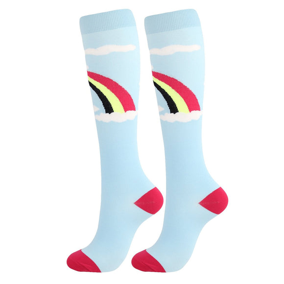 Knee-High Compression Socks Rainbow Pattern Blue Sports Nylon Stockings