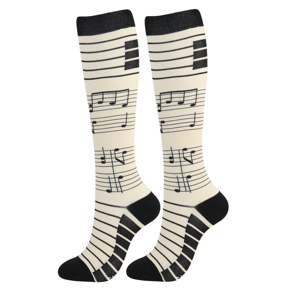 Knee-High Compression Socks Music Score Pattern Gray Sports Nylon Stockings