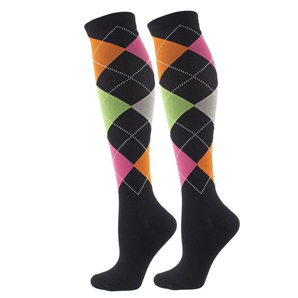 Knee-High Compression Socks Lozenge Pattern Black Sports Nylon Stockings