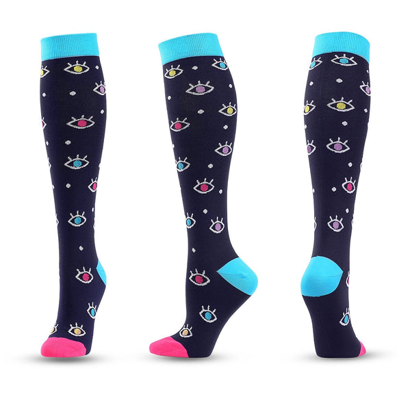 Knee-High Compression Socks Evil Eyes Pattern Sports Nylon Stockings