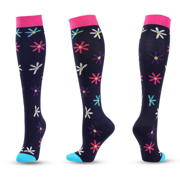 Knee-High Compression Socks Flower Pattern Black Sports Nylon Stockings