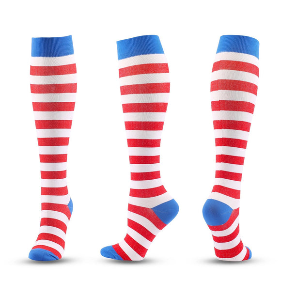 Knee-High Compression Socks Red Strip Print Sports Nylon Stockings for Women & Men