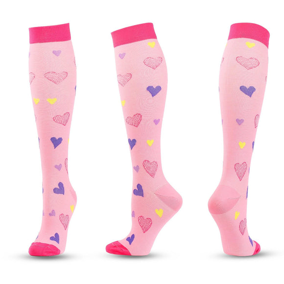 Knee-High Compression Socks Pink Heart Pattern Sports Nylon Stockings