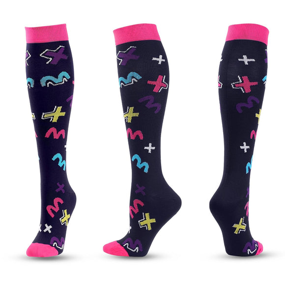 Knee-High Compression Socks Alphabet Letter Pattern Black Sports Nylon Stockings