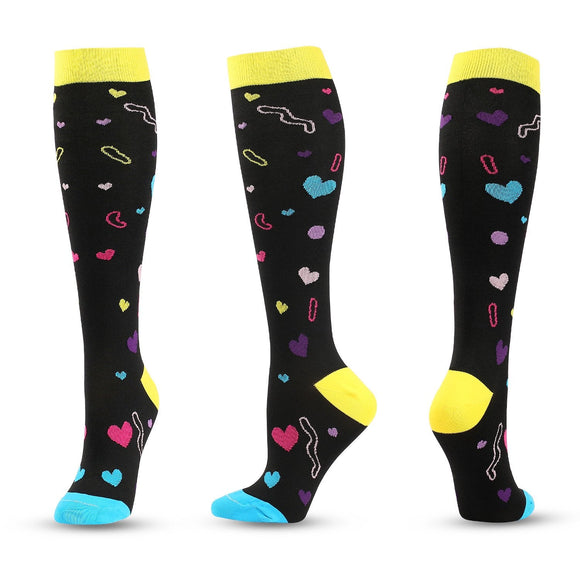 Knee-High Compression Socks Heart Pattern Black Sports Nylon Stockings