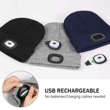 Unisex USB Rechargeable 4 LED Headlamp Cap Winter Knitted Night Lighted Hat