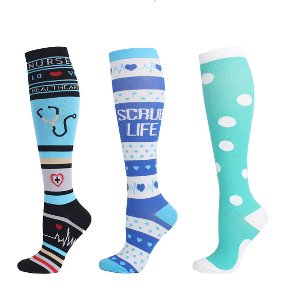 3 Pairs Knee-High Compression Socks Medical Nurse Pattern Sports Stockings