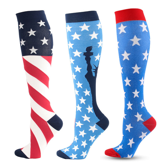 3 Pairs Knee-High Compression Socks US Flag Pattern Sports Stockings