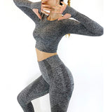 2 Pieces Long Sleeves Gym Suit Yoga Seamless Leggings Crop Top Set
